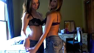 Twin girls strip and trade bras